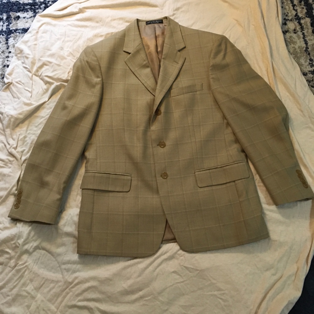 Andrew Fezza Men's Tan Windowpane Blazer - Classic Tailored Style Silk Blend